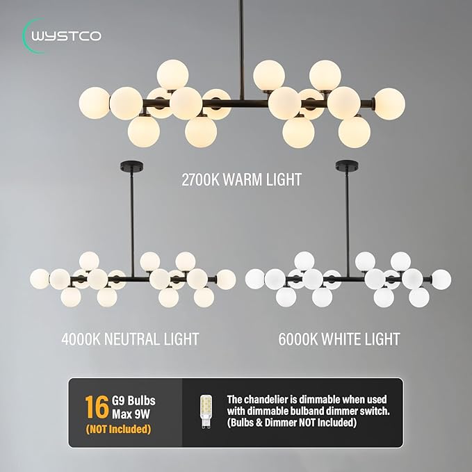 16-Light Globe Sputnik Chandelier, Mid Century Modern Light Fixture Over Table, Black Linear Chandeliers for Dining Room and Kitchen Island (Milk White Glass Bubble Shades, 40 Inch)