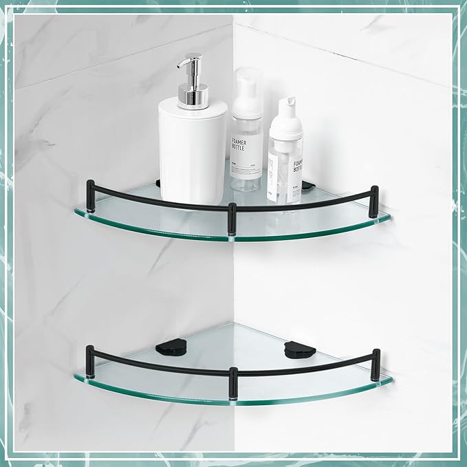 Crowye 2 Pcs Corner Shower Shelf 2-Tier Glass Corner Shelf Stainless Steel Wall Mounted Bathroom Organizer for Storing Bottle Shower Gel Shampoo Brush, 9.25 Inches (Black)