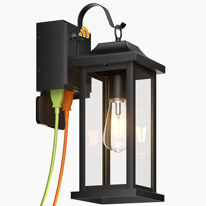 17 Inch Dusk to Dawn Outdoor Lighting with GFCI Outlet, Large Porch Light Lantern Plug Outlet Modern Black Outdoor Sconce Lighting, IP65 Waterproof Outside Light Wall Mounted Coach Light