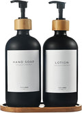Maisonovo Glass Soap Dispenser Bathroom Set | Hand Soap and Dish Soap Dispenser Set | 16.9oz Amber Bottles with Black Bamboo Pump | Bathroom Lotion Dispenser Set of 2