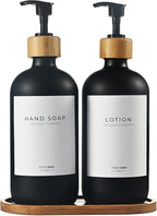 Maisonovo Glass Soap Dispenser Bathroom Set | Hand Soap and Dish Soap Dispenser Set | 16.9oz Amber Bottles with Black Bamboo Pump | Bathroom Lotion Dispenser Set of 2