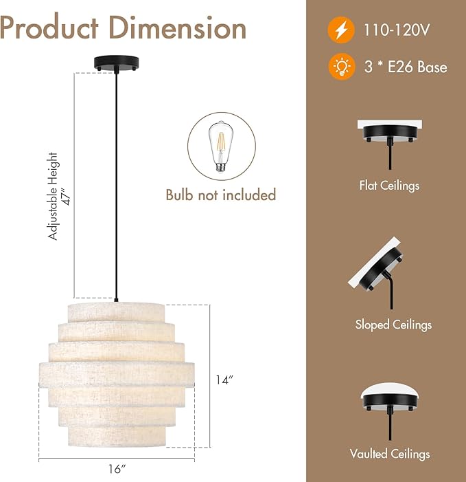 16 Inch Modern Chandelier with Tiered Linen Drum Shade – Hanging Pendant Light Fixture for Dining Room, Kitchen Island, Farmhouse Table, Living Room, Entryway, Ceiling Mount Lamp