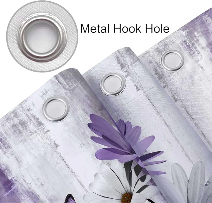 Rustic Farmhouse Shower Curtain, Farm Purple Daisy Floral Flowers and Butterfly on Country Wooden Shower Curtain for Bathroom, Violet Grey Bathroom Shower Curtains with 8PCS Hooks, 47X64IN