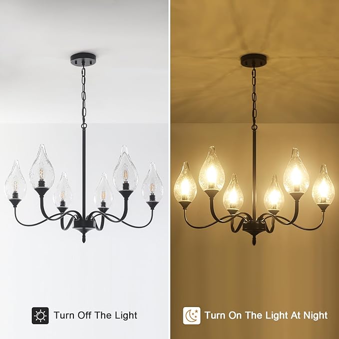 6-Light Farmhouse Black Chandelier 23.6 Inch - Rustic Industrial Iron Candle Hanging with Clear Glass Shades - Dining Room Lighting Fixture for Hallway, Living Room, Foyer, Bedroom,Kitchen Island