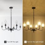 6-Light Farmhouse Black Chandelier 23.6 Inch - Rustic Industrial Iron Candle Hanging with Clear Glass Shades - Dining Room Lighting Fixture for Hallway, Living Room, Foyer, Bedroom,Kitchen Island