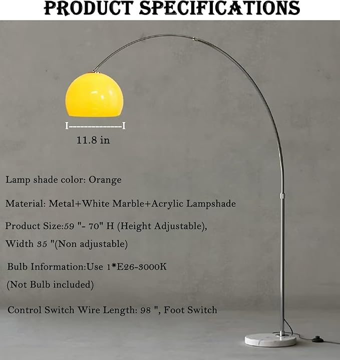 Nordic Simple Floor Lamp with Orange Acrylic Shade, Arc Reading Lamp for Living Room, Study Room&Bedroom Beside,Creative Orange Standing Lamps for Ambient Lighting