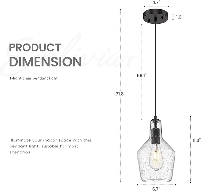 Emliviar 1-Light Hanging Light Fixture, Modern Kitchen Island Pendant Light with Clear Seeded Glass, Black Finish, DYE286G2-MIL BK