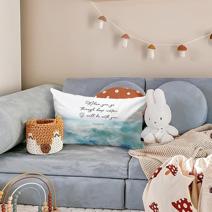Beach Bible Throw Pillow Cover 12x20 - Christian Bible Verse Watercolor Pillow Cover, Ocean Themed Bedroom Decor, Beachy for Sofa Couch