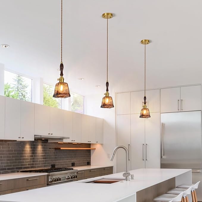 Amber Glass Vintage Pendant Light Height Adjustable Handmade Glass Pendant Lights Kitchen Island Gold Hanging Light Fixture with Wood Handle for Bedroom Dining Room Hotel (2Pack)