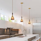 Amber Glass Vintage Pendant Light Height Adjustable Handmade Glass Pendant Lights Kitchen Island Gold Hanging Light Fixture with Wood Handle for Bedroom Dining Room Hotel (2Pack)
