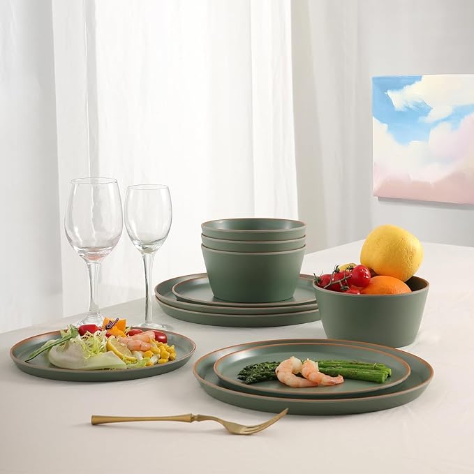 Melamine Dinnerware for 4, 12 Pieces Unbreakable Matte Plastic Plates and Bowls set, Kitchen Dish set BPA Free, Dishwasher Top Safe, Not Microwave, Not Oven (Green)