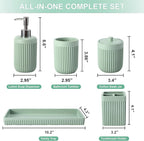 Resin Light Green Bathroom Accessories Set 5 Pcs, Lotion Soap Dispenser, Toothbrush Holder, Bathroom Tumbler, Qtip Holder and Vanity Tray, Bathroom Countertop Organizer Set for Modern Apartment