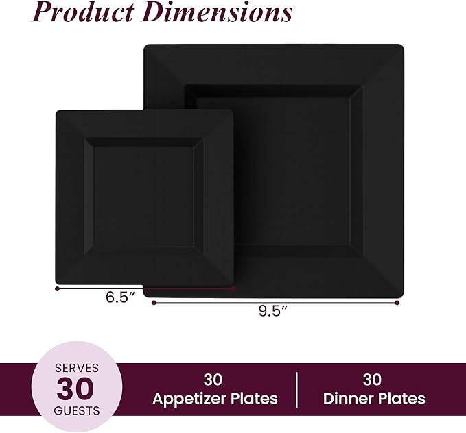 Aya's Square Plastic Plates - 6.5"/9.5" Black Disposable Plates for Party - Heavy-Duty Reusable Food Grade Plastic - 60 Count - Thick and Durable to Prevent Breaking - Ideal for Events and Gatherings