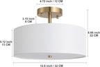 12.6" Semi Flush Mount Ceiling Light Fixture, 3 Light Gold Drum Light Fixtures with White Fabric Shade, Modern Close to Ceiling Lighting for Living Room, Bedroom, Hallway, Entry, Foyer