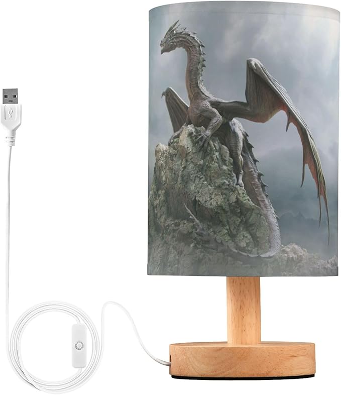 Table Lamp Dragon on Rock Nightstand Lamp with Wood Base Fabric Lamp Shade Bedside Desk Lamp for Living Room Bedroom Kids Room Office
