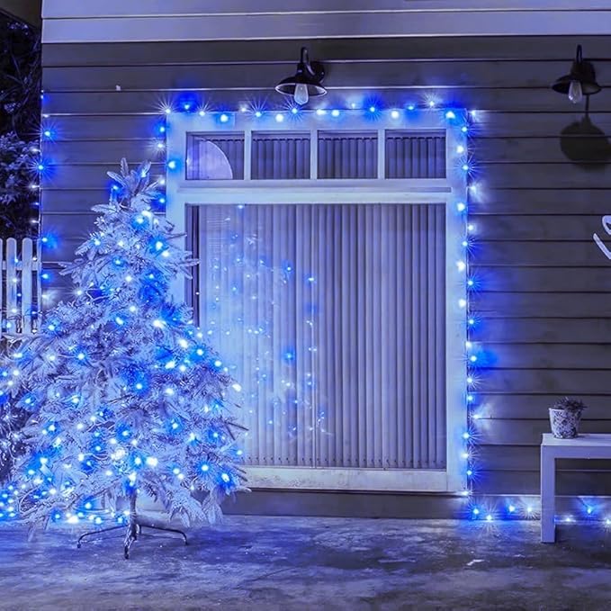 QITONG 4 Pack Blue and White Solar Fairy Lights, Each 33ft 100 LED Christmas String Light, 8 Modes Silver Wire Mini Twinkle Lighting for Tree Garden Yard Christmas