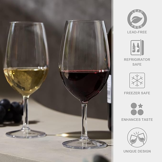 MICHLEY Floating Wine Glasses for Pool 21.5 OZ Unbreakable Tritan Plastic Red Wine Glasses with Stem Ideal for Beach Bar Camping Dishwasher Safe, Set of 4