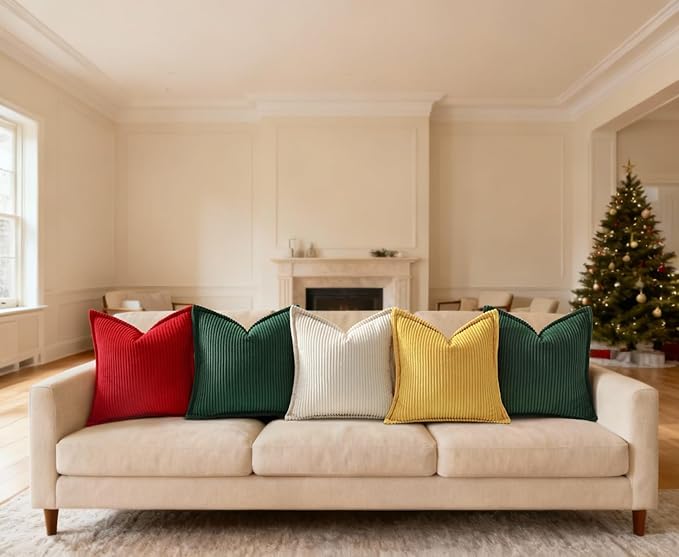 Mecatny Christmas Corduroy Throw Pillow Covers 16x16 Set of 2, Neutral Decorative Soft Boho Couch Pillow Covers with Broadside for Sofa Living Room, Christmas Green