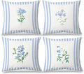 JINYO Vintage Blue and White Striped Floral Pillow Covers 18x18 Set of 4, Floral Decorative Throw Pillow Covers for Living Room Bedroom Home, Flower Room Decor