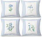 JINYO Vintage Blue and White Striped Floral Pillow Covers 18x18 Set of 4, Floral Decorative Throw Pillow Covers for Living Room Bedroom Home, Flower Room Decor