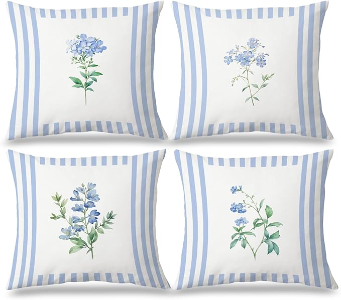 JINYO Vintage Blue and White Striped Floral Pillow Covers 18x18 Set of 4, Floral Decorative Throw Pillow Covers for Living Room Bedroom Home, Flower Room Decor