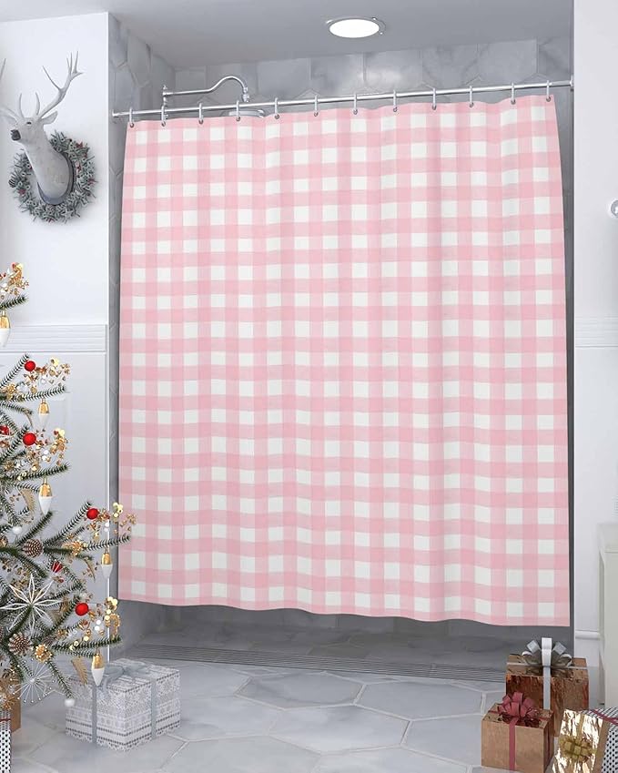 Christmas Shower Curtain, Rustic Pink White Buffalo Check Plaid Pattern Shower Curtains Set with Hooks, Farmhouse Waterproof Fabric Bathroom Curtains Decor Home Accessories,Stall 48 X 72 Inch