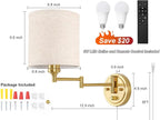 Plug in Wall Sconces with Remote Control, Dimming & Adjustable Colors 2700K-6500K, Hardwire or Plug-in, Swing Arm Wall Lamp with Linen Fabric Shade, Wall Sconces Set of Two, Gold Finish