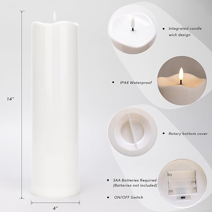 4" x 14" Flameless LED Pillar Candles with Waterproof, Timer Battery Operated Flickering Large Plastic White Outdoor Candles (Pack of 2)