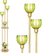 HMVPL Gold Floor Lamp for Living Room, Boho Floor Lamp with Shelves, Vintage Standing Lamp with Table, Brass Flower Tall Lamp with Green Glass Shade, On/Off Switch, Mid Century Corner Lamp for Bedroom