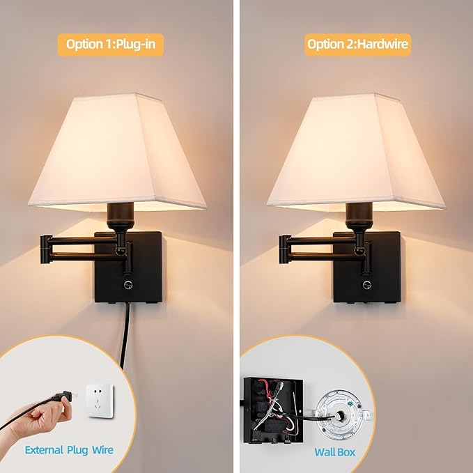 Swinging arm Wall lamp, Fabric lampshade, with Plug and dimming Rotary Switch, USB and Type-C Charging Port, Suitable for Bedside, Living Room, Hotel and Bedroom Wall Lamps