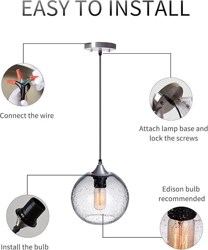 ARIAMOTION Pendant Lights Kitchen Island 3 Pack Hand Blown Glass Modern Farmhouse Lighting Clear Seeded Bubbles Dining Room Table Coffee Bar Counter Brushed Nickel Globe Shape 7.5 Inch Diam