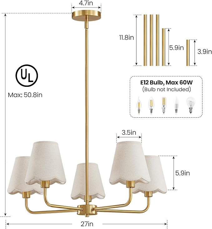 KAISITE Modern Gold Chandelier 5-Light Farmhouse Chandelier for Dining Room Industrial Dining Kitchen Light Fixture Over Table Ceiling Chandelier for Bedroom Living Room Foyer Entryway