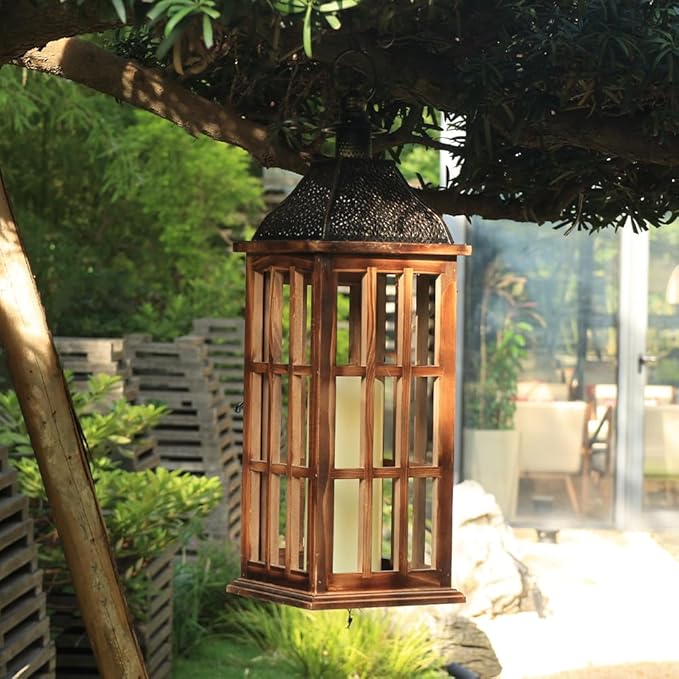 DECORKEY Large Farmhouse Wooden Metal Lantern Set of 3, 27''/22''/15'' H Rustic Decorative Indoor & Outdoor Hanging Candle Lanterns, Wooden Outdoor Lanterns for Patio Front Porch Table, Brown