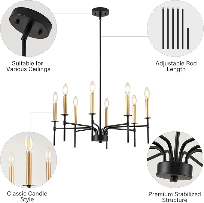 8 Light Modern Farmhouse Black and Gold Chandelier for Dining Room Over Table,Hanging Ceiling Candle Chandeliers Pendant Light Fixture for Living Room Staircase Entryway Foyer Kitchen