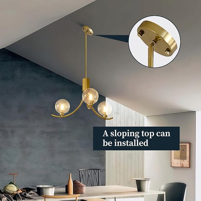 Gold Modern Chandelier with 3 Glass Globe Bulbs - Adjustable Height & Colour Temperature, Gilded lamp Post, Elegant Lighting for Living Room, Bedroom or Study