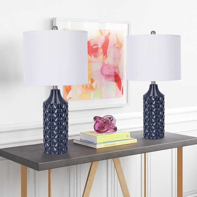Modern Ceramic Table Lamp, Set of 2 - Navy Blue with Diamond Protrusions Texture, 25'' Nightstand Lamp for Bedroom Living Room, 3-Way Dimmable Included