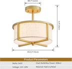 Modern Fabric Drum Chandelier, Semi-Flushmount Close to Ceiling Light Fixture for Living Room, Bedroom, Dining Room, D12 x H9 in, Gold Finish Metal Frame & Linen Fabric Shades