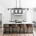TODOLUZ 6-Lights Kitchen Island Pendant Light Fixture in Black Finish, Linear Hanging Ceiling Lighting Dining Room Chandelier with Seeded Glass Shade