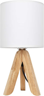 HAITRAL Small Bedside Table Lamp - Wooden Tripod Nightstand Lamp for Bedroom, Living Room, Office, Farmhouse, Home with Fabric Shade, White