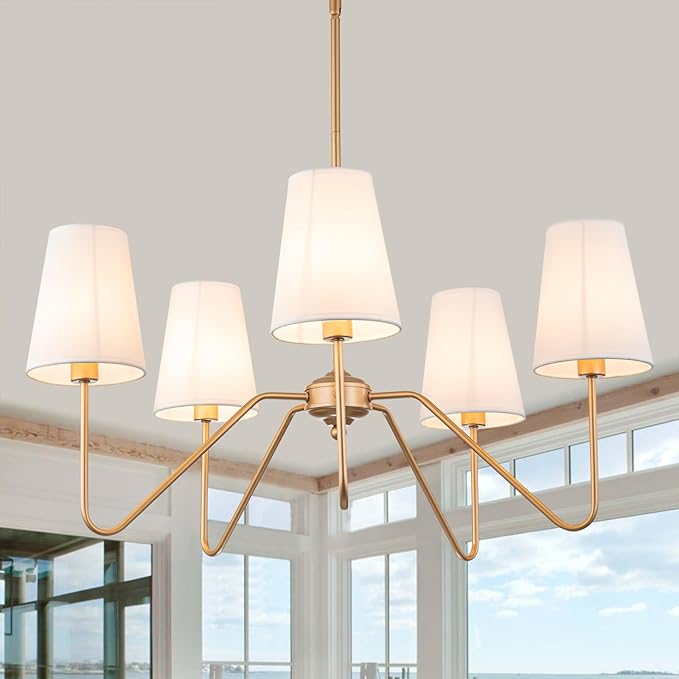 Brass Gold Chandeliers for Dining Room, 5-Light Modern Pendant Light Fixture Over Table with White Shade Farmhouse Lighting Fixtures for Living Room Bedroom Hallway Height Adjustable