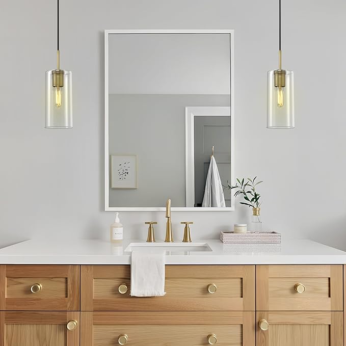 Modern Brass Pendant Lights Kitchen Island 2 Pack Glass Pendant Light Fixtures, 9.5'' Farmhouse Gold Pendant Light Kitchen Pendant Lighting Over Island for Sink, Bathroom, Bar,Dining Room
