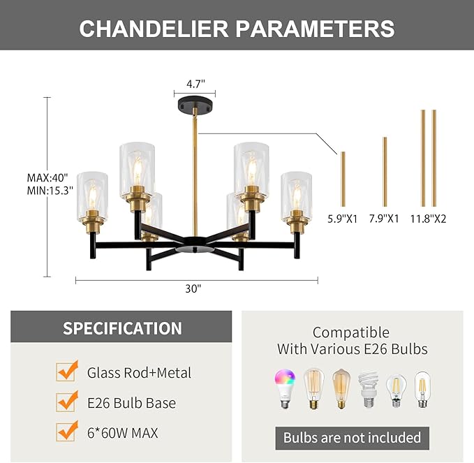 6 Light Dining Room Light Fixture Black & Brushed Brass Gold Farmhouse Chandelier Over Table Modern Hanging Pendant Lighting for Living Room Foyer Kitchen Adjustable Height E26 Socket