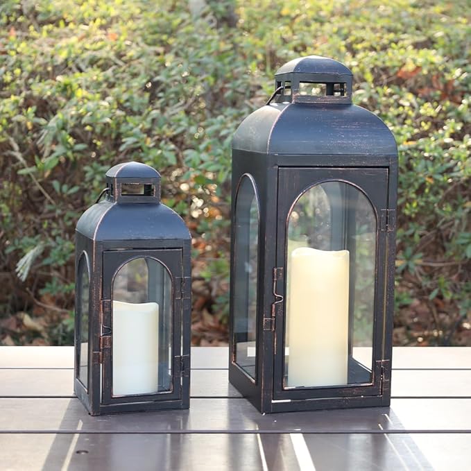 NEEDOMO Lanterns Decorative Indoor,Set of 2 Outdoor Lanterns for Porch, 20" Metal Frame Candle Holders Hanging Lights,with Glass, Spring, Fall, Christmas