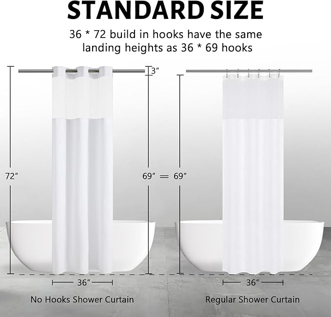 Furlinic Stall Shower Curtain No Hook with Snap in Liner,Waffle Weave Waterproof Bathroom Curtains with See Through Top Window & Weighted Magnets,White,36x72 Inch