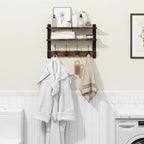 Homode Two-Tier Wall Shelf with Hooks, 17 Inch Coat Rack Wall Mount with Shelf, Wood Coat Hanger Entryway Hanging Storage Shelves with 4 Double Hooks for Bathroom Bedroom Living Room, Rustic Brown