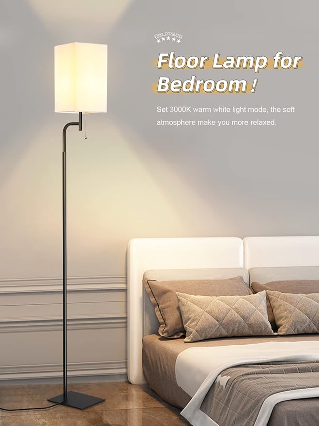 Floor Lamps for Living Room with 3 Color Temperatures, Modern Standing Tall Lamp for Bedroom, Square Linen Shade, Minimalist Pole Lamp for Office Kids Room Working Reading