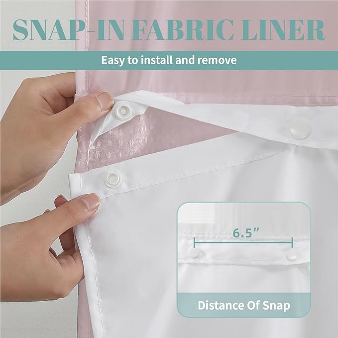 BlushPink Extra Long No Hook Waffle Weave Shower Curtain with snap-in Liner Replacement, 230GSM Waterproof Fabric Hotel Shower Curtain Set for Bathroom, Through Mesh Top Window,71Wx86H