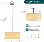 16'' Modern Chandelier, 3-Light Drum Chandelier with Classic Fabric Linen Shade, Farmhouse Adjustable Pendant Light Fixture for Dining Room, Bedroom, and Kitchen