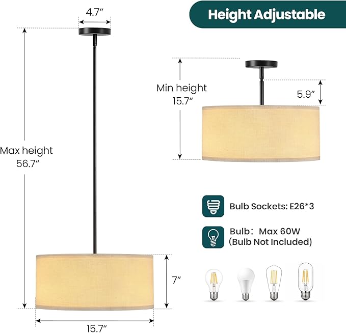16'' Modern Chandelier, 3-Light Drum Chandelier with Classic Fabric Linen Shade, Farmhouse Adjustable Pendant Light Fixture for Dining Room, Bedroom, and Kitchen