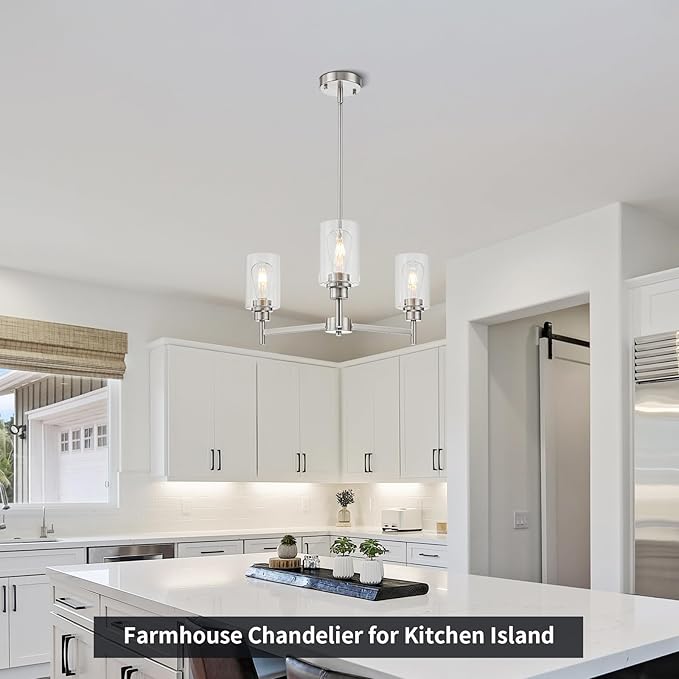 Brushed Nickel Chandeliers for Dining Room Farmhouse Chandelier Fixture with Clear Glass Shades 3 Light Kitchen Island Lighting Pendant Light Fixture for Dining Room Living Room Bedroom